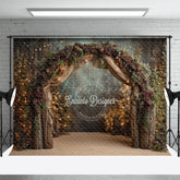 Aperturee - Aperturee Rustic Winter Arch Photography Backdrop with Pinecones Forest with String Lights Christmas Wedding Background